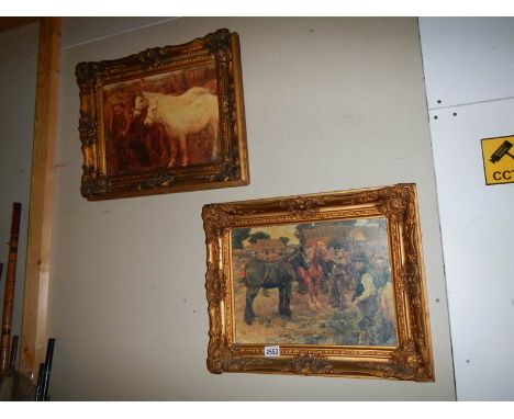 Two vintage gilt framed over painted prints of horses, 56 x 44 cm, COLLECT ONLY.