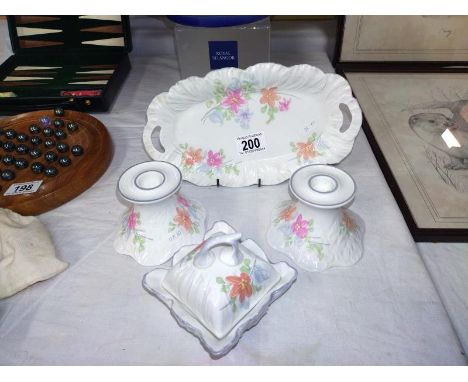 Elizabethan Staffordshire pottery angelique candlesticks, tray and lidded pot. 