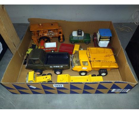 A box of Tonka &amp; Japanese pressed steel toys including cast iron steam roller 