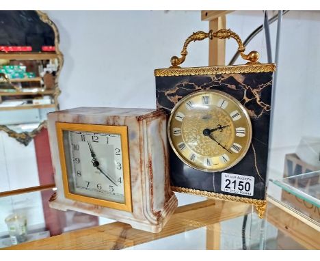 An art deco Smiths marble effect bakelite mantle clock &amp; a polished marble mantle clock with gilded fittings &amp; batter