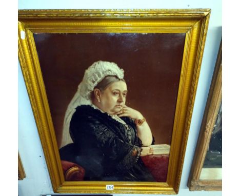 A large gilt framed print on canvas of Queen Victoria. 65cm x 82cm.