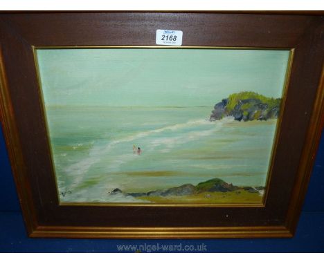 A framed Oil on canvas depicting a Seascape with two children paddling, initialed lower left V.S. 20 1/2" x 16 1/2".