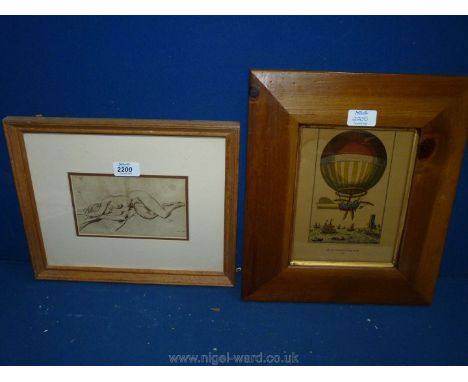 A framed Russell Flint print of a reclining nude along with a coloured etching of 'The First Channel Crossing by Air, 1785'.
