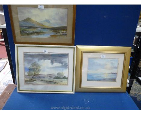 A framed and mounted Watercolour of a River landscape with open valley and hills in the distance, unsigned, a framed and moun
