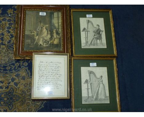 An ornate framed coloured etching 'accord parfait' (Perfect Match), a framed poem and two framed and mounted etchings of a Ge