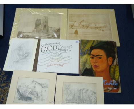 A quantity of unframed drawings, architectural prints, artwork, Frida Kahlo folder etc.