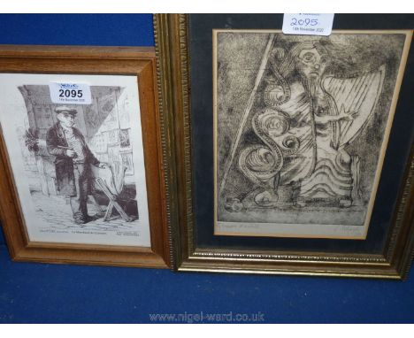 A framed and mounted etching of a figure playing a Harp signed lower right L. Schaifer 73 along with a print 'Le Marchand de 
