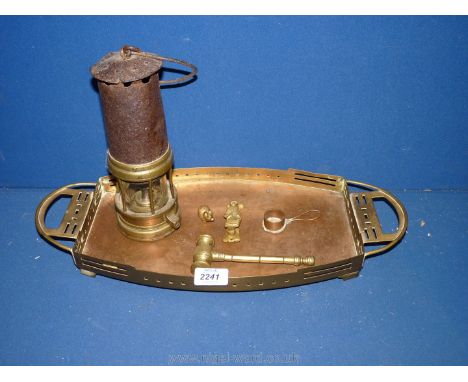 A rectangular brass Tray, miner's lamp, brass hammer, etc.