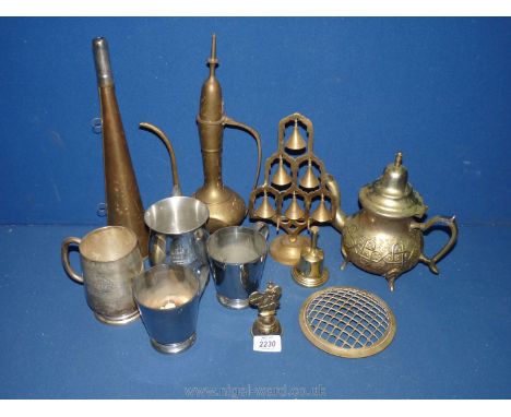 A quantity of mixed metals including teapot, pewter tankard, brass horn, bells, coffee pot etc.