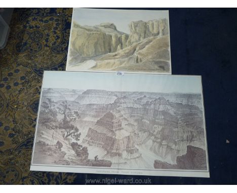 A Valley of the Kings watercolour and pencil by Norman Contis '92 (50cm x 36cm) and a large lithograph of the Grand Canyon 'P