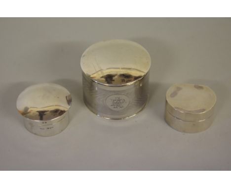 A silver engine turned circular box,&nbsp;by Martin Hall &amp; Co Ltd,&nbsp;Sheffield 1926; together with two silver pill box