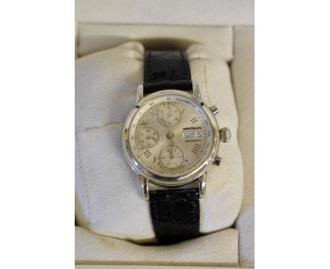 A Mont Blanc Meisterstuck 4810-501 stainless steel chronograph wristwatch, on Hirsch leather strap with original deployment c