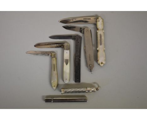 Three silver bladed mother of pearl fruit knives; together with a silver pencil holder; a silver miniature letter opener; and