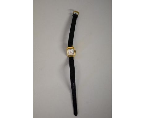 A vintage Altus 18ct gold ladies manual wristwatch, on leather strap. 