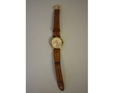 A vintage Omega gold plated manual wristwatch, on replacement leather strap. 