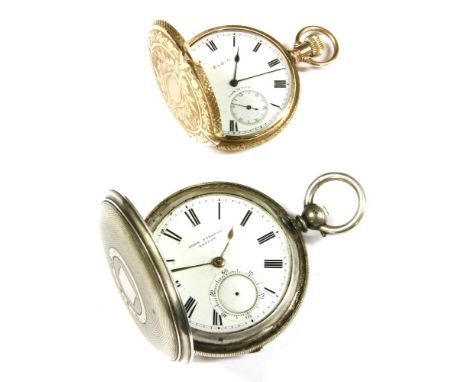 A silver side wind full Hunter pocket watch, white enamel dial, signed Elgin, made in USA with Roman numerals and a subsidiar