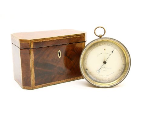 A George III mahogany tea caddy, with inlaid decoration, together with a brass aneroid barometer by Casella London (2)