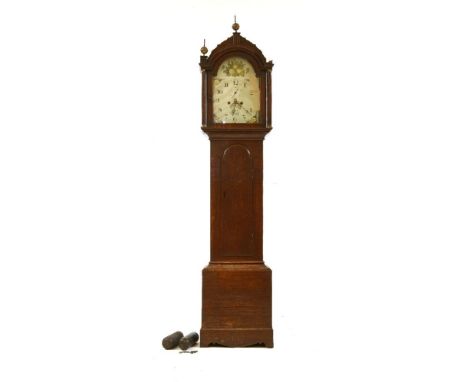 A George III oak eight day longcase clock, the painted white arched dial with subsidiary seconds dial and date aperture