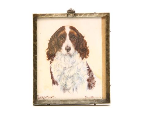 A miniature portrait of a spaniel, on ivory, 'Sergeant', signed Mill-Brown, in white metal frame, 8.5cm x 7cm