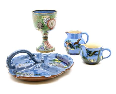 A quantity of Longpark Torquay pottery, together with a William Whiteley owl lamp, a Royal Worcester basket, etc
