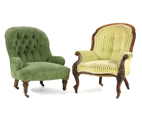 A Victorian mahogany framed button back armchair, upholstered in striped green velour on turned front legs and castors, and a
