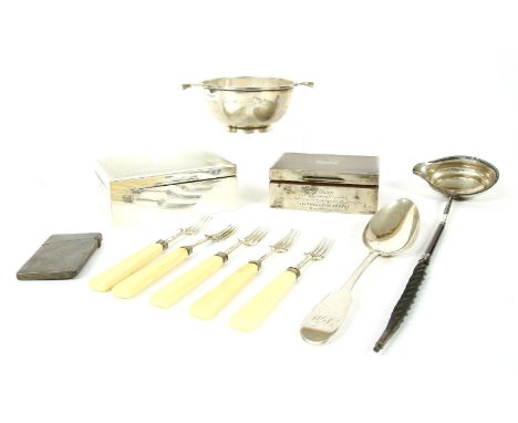 Silver items: two cigarette boxes, toddy ladle, quaich, repousse silver bowl, 12cm diameter, etc