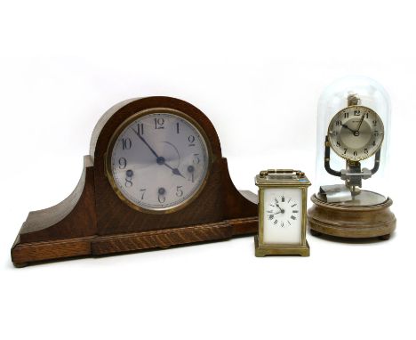 An anniversary clock, an oak mantel clock and a carriage clock