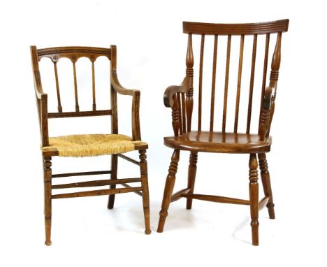 A 19th century stick back elbow chair and one other similar