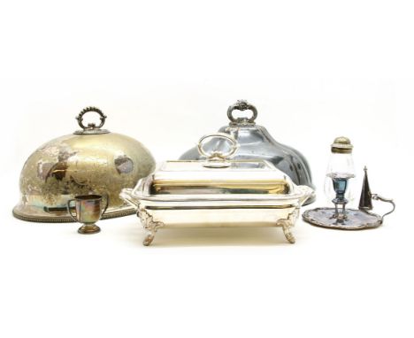 Two silver plated meat dish covers, a plated chamber stick, a plated entree dish and cover and a plated serving dish