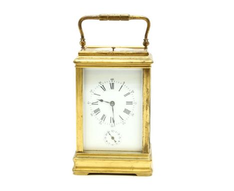 An early 20th Century carriage clock, with two train movement and repeater button, white enamel dial with subsidiary hours di