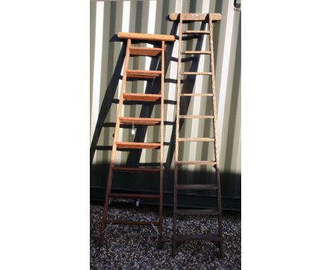 Two vintage wooden fruit picker's ladders, 240cm high and 220cm high