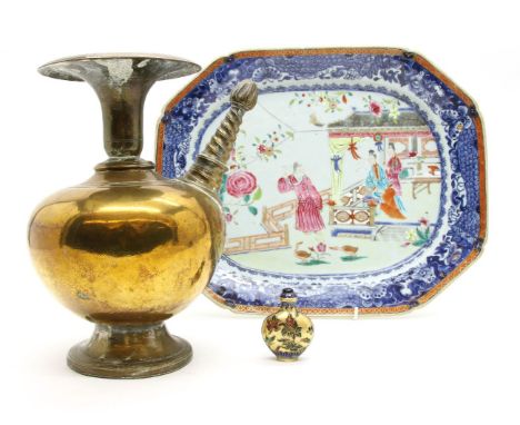 A 19th Century Chinese Famille Rose meat plate, with figural decoration, A/F, together with a gilt metal plique a jour enamel