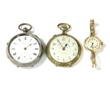 A gold ladies mechanical watch, with silvered dial and Arabic numerals and later expanding rolled gold bracelet, total 17.90g