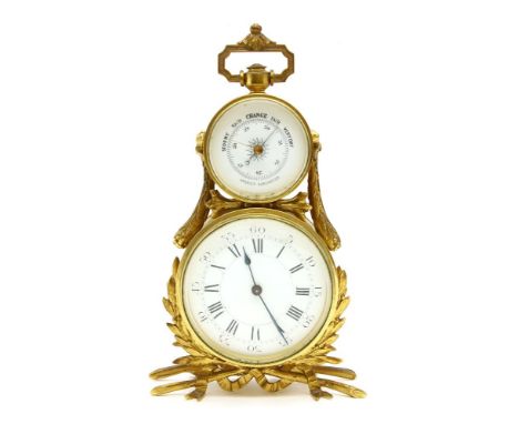 A late 19th century gilt metal combination clock and barometer, in the neo-classical style, 23cm high