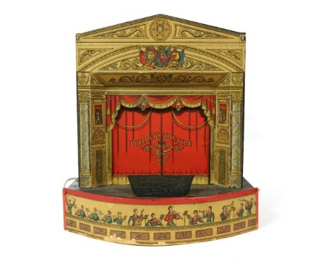 A printed card and wood model of Pollock's Theatre, with electric lighting, 35cm high