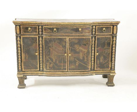 A parcel gilt breakfront commode, by Maitland-Smith, in the chinoiserie style, standing on fluted spreading square feet, 141c