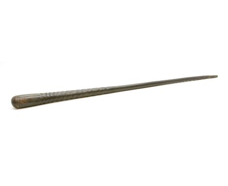 A horn walking stick, c.1880, made from a single Gemsbok horn, together with a Japanese carved bamboo walking stick, carved w