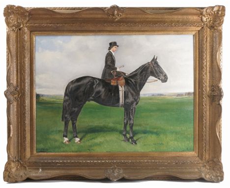 M Weir, oil on canvas, portrait of Mercy Rimell seated sidesaddle on Unconditional Surrender, winner of 28 races, 16ins x 22.