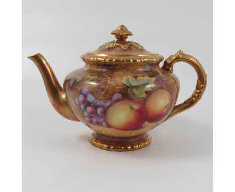 A Royal Worcester teapot, decorated all around with hand painted fruit by Nutt Condition report: Good condition