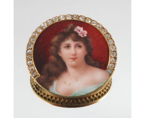 An enamel and diamond brooch, circa 1900, the portrait of a young female with an arc of old cut diamonds to the border, the g