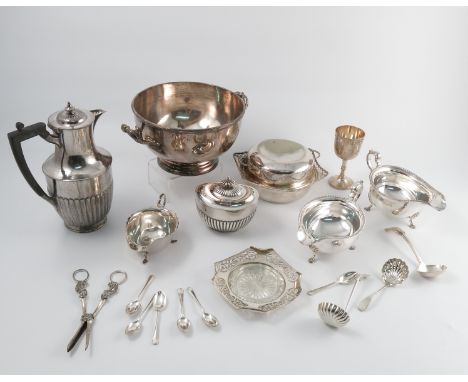 A collection of silver plated items, to include a muffin dish, pierce dish, flatware, coffee pot, sauce boats, goblet, tea ca