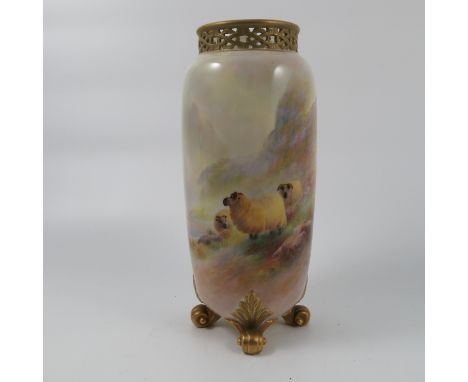 A Royal Worcester spill vase, decorated with sheep by a loch in a highland landscape by Harry Davis, shaped umber G923, circa