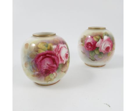 Two Royal Worcester vases, hand painted with pink roses by Banks and Huntley, shape number 2491, dated 1951 and 1952, height 