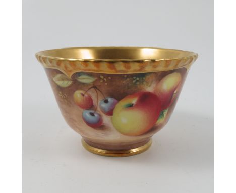 A Royal Worcester sugar bowl, decorated all around the exterior with fruit by Roberts Condition report: Good condition