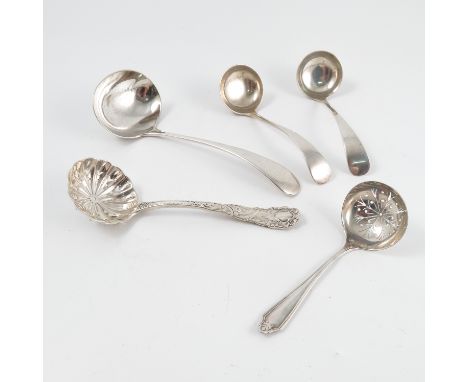 A pair of silver sauce ladles, Sheffield 1919 and 1923, weight 1oz, together with another silver sauce ladle, Sheffield 1923,