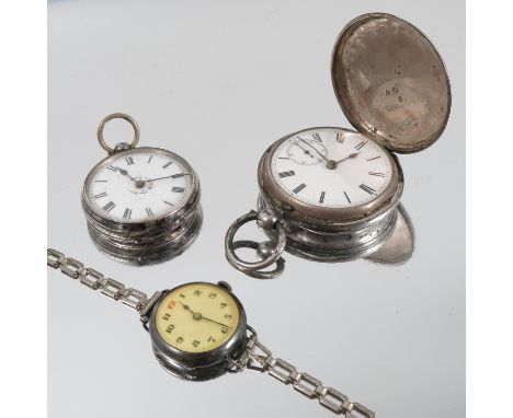 A silver hunter pocket watch, with engine turned case, the white enamel dial with Roman numerals and subsidiary seconds dial,