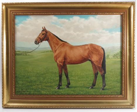 W W Rouch, oil on canvas, Gay Trip, portrait of a bay thoroughbred horse in landscape, 17.5ins x 23.5ins