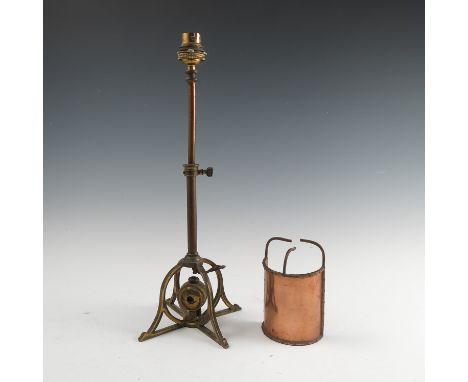 A Birmingham Guild of Handicraft copper and brass table lamp, with curved copper reflector (af), the flower bud light holder 