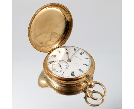 Jacob Eames & Sons, Bath, an 18 carat gold hunter pocket watch, London 1872, white enamel dial with black Roman numerals, gil