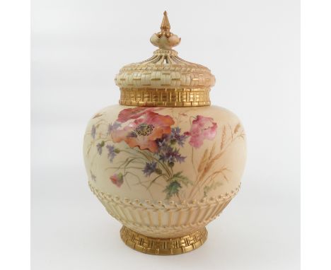 A Royal Worcester blush ivory pot pourri, decorated with poppies and other flowers by Edward Raby, with pierced cover but lac